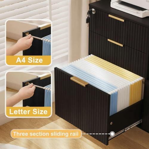 3 Drawer Fluted Mobile Filing Cabinet with Lock, Lateral Rolling Under Desk File Cabinet, Wooden Printer Stand Table for Home Office Essentials Storage Organization Furniture Letters/A4(Oak)