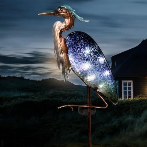 TERESA'S Collections Garden Decor for Outside Blue Heron Solar Lights, 42" Glass Lawn Ornaments with Outdoor Lights Decorative Stake