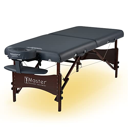 Master Massage Newport Portable Massage Table Package with Denser 2.5" Cushion, Walnut Stained Hardwood, Steel Support Cables, Pillows & Accessories, Black, 30"