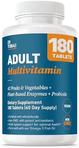 Dr. Tobias Adult Multivitamin for Women & Men 90 Count | Daily Energy & Immune Support | Vitamin Supplement with 42 Fruits & Vegetables + Probiotic + Enzymes | Vegan | 30 Servings