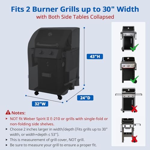 2 Burner Gas Grill Cover 32 inch, Heavy Duty Waterproof Small BBQ Grilling Cover, Compatible for Weber Char-Broil Nexgrill and More Grills with Collapsed Side Tables, All Weather Protection