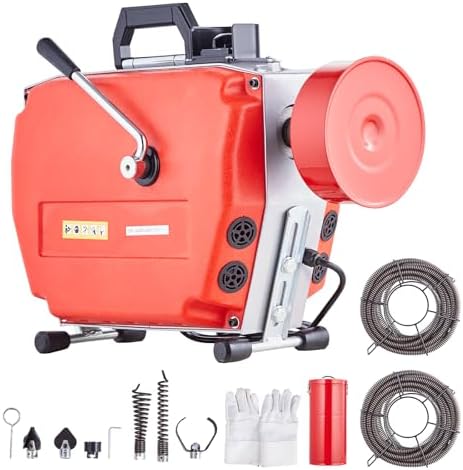 VEVOR 66FT x 5/8 Inch Drain Cleaner Machine, 250W Electric Sewer Snake Auger Manual Feed - with 7 Cutters, 2 Steel Cables (66' x 5/8" and 15' x 3/8")& CW/CCW Control for 1.6" to 4" Pipes