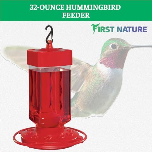 First Nature Hummingbird Feeder - 10 Feeding Ports - Red Base | Wide Mouth Prevents Messy Spills - Sealing Ring Prevents Bottom Leaks - Multi-Port Base Accommodates Flocks