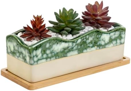 MyGift Beige Green Ceramic Glazed Rectangular Succulent Planter Pot