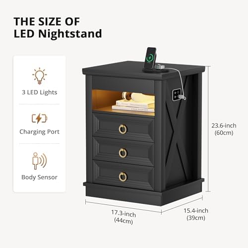 Farmhouse Nightstand with Lockable Hidden Drawer, Human Sensor LED Bedside Table with LED Lights & Charging Station, Rustic Wood Sofa Side End Table with 3 Drawers for Bedroom (Black)