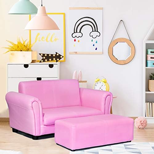 Costzon Kids Couch with Footstool, 2 in 1 Double Seat Children's Sofa w/PU Leather Surface, Armrest Chair Lounge, Soft Kids Sofa for Preschool Bedroom Kids Room Toddlers Boys Girls Birthday (Black)