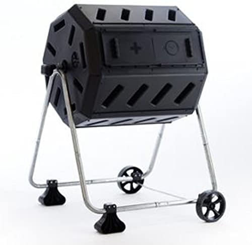 FCMP Outdoor IM4000-WK 37 Gallon Plastic Dual Chamber Tumbling Composter Outdoor Elevated Rotating Garden Compost Bin with Wheels, Black/Black