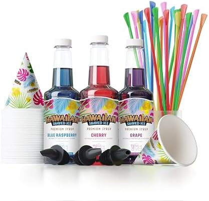 Hawaiian Shaved Ice Syrup Assortment with 3 - 16oz Bottles, 25 Snow Cone Cups, 25 Spoon Straws, and 3 Pouring Spouts. Flavors: Cherry, Blue Raspberry
