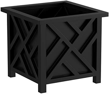 Lattice Design Outdoor Planter Box - 14.75” Square 13” Tall Black Plant Pot - Decorative Plant Pots for Front Porch Decor - Flower Pots Outdoor