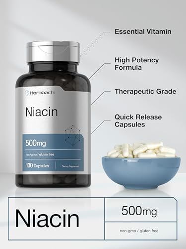 Horbäach Niacin | Vitamin B3 500mg | 100 Capsules | with Flushing | Non-GMO, and Gluten Free Supplement