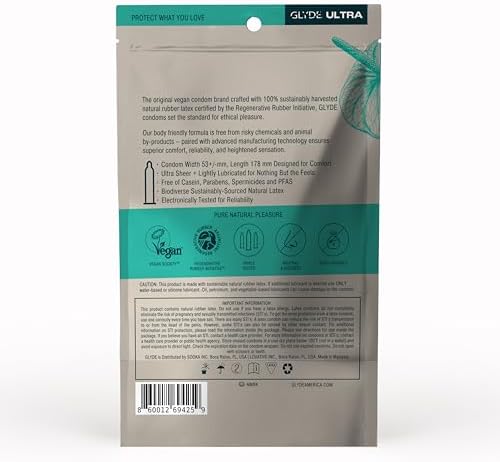 GLYDE Ultra Standard Fit Condoms - Ultra-Thin Medium Size - 12 Count, 53mm | Fragrance-Free, Lightly Lubricated, Body-Friendly, Vegan Formula Condoms, Strong and Secure Fit for Comfort and Natural Feel