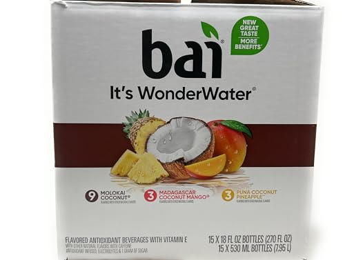 Bai WonderWater Coconut Variety Pack, 18oz bottles - pack of 15 (Molokai Coconut, Madagascar Coconut Mango, Puna Coconut Pineapple)