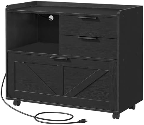 HOOBRO Lateral File Cabinet, Wooden Office Storage Drawers with Charging Station, Filing Cabinet for Home Office, A4/Letter/Legal-Sized Files, Printer Stand with Open Storage Spaces, White WT37UWJ01