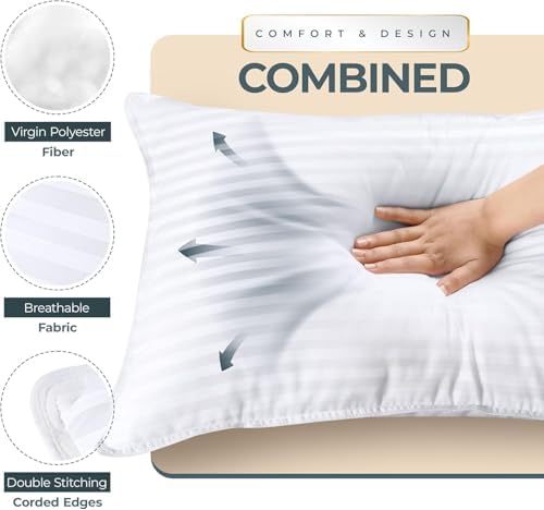 Utopia Bedding Hotel Bed Pillows for Sleeping, Pillows King Size Set of 2 | Down alternative pillows, cooling hotel quality, luxury comfort for back, side & stomach sleepers, Premium Stripes, White