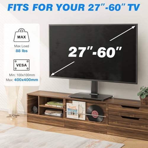 Rfiver Universal TV Stand for 32-75 inch TVs, Support Swivel and Tilt | Height Adjustable, Tempered Glass Base, Holds 110lbs, Max VESA 400x400mm, Ideal for Bedroom & Living Room