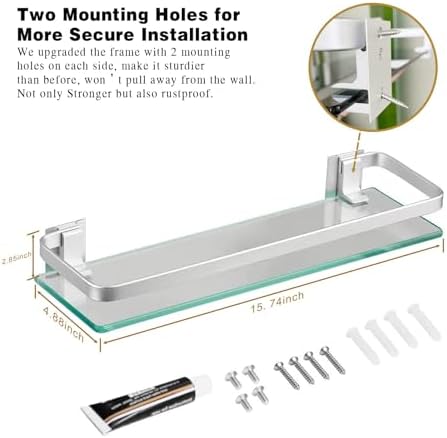 VOLPONE Bathroom Wall Shelf 15.7in Bathroom Glass Shelves Wall Mount Glass Shelf Rustproof Bathroom Wall Organizer 3 Tier (Sliver)