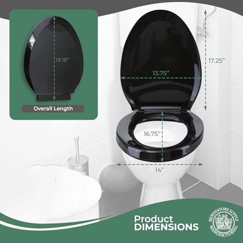 Renovators Supply Manufacturing Plastic Soft Close Toilet Seat Elongated Quiet-Close Lid, Contoured Seat, Easy to Install and Clean, Grip-Tight Bumpers with Adjustable Mounting Hardware, Black