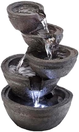 Alpine Corporation WIN1138 13" Indoor Tabletop Tiering Bowls Water Fountain with LED Lights – Cascading Water Feature for Home, Office, Meditation, and Relaxation, Dark Gray