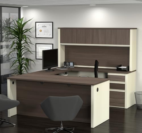 Bestar Prestige + 72W U-Shaped Executive Desk with 2 Pedestals and Hutch in White Chocolate & Antigua | With 2 Pedestals and Hutch; with Narrow Desk Shell, Desk Shell, Desk Bridge, Keyboard Tray, CPU Stand; stands 67 in. tall