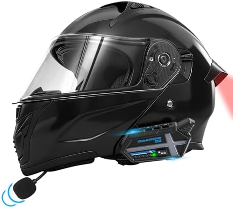 Bluetooth Modular Motorcycle Helmets with Tail Lights, DOT Certified Flip-Up Dual Visor Full Face Helmets for Men & Women Moto ATV UTV Snowmobile ADV Four Wheeler Street Bike