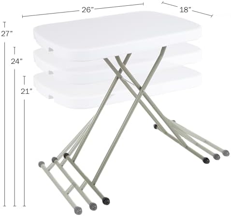 Lavish Home Small Adjustable Folding TV Tray Table, White, 19”H-24”H-28”H | Indoor and Outdoor Portable Lightweight Table, Plastic Snack Table, Small Desk for Laptop, Cards, Camping, Crafting, Party