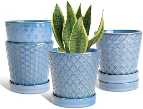 EFISPSS Ceramic Plant Pots, 5 Inch Planters with Drainage Holes and Ceramic Tray, Relief Design Flower Planter