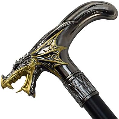 Silver Metal Golden Winged Dragon Cane 2pc Steel Shaft Travel Walking Stick