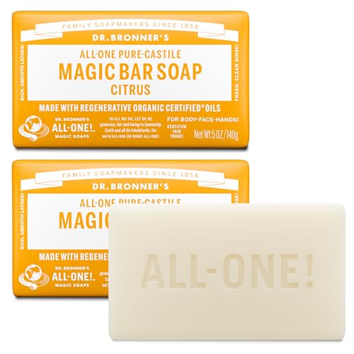 Dr. Bronner's Pure-Castile Magic Soap Bar (Citrus, 5 oz, 6-Pack)- Bath Soap with Regenerative Organic Certified Oils - For Face, Body & Hair - Gentle, Vegan - Bars for Men & Women