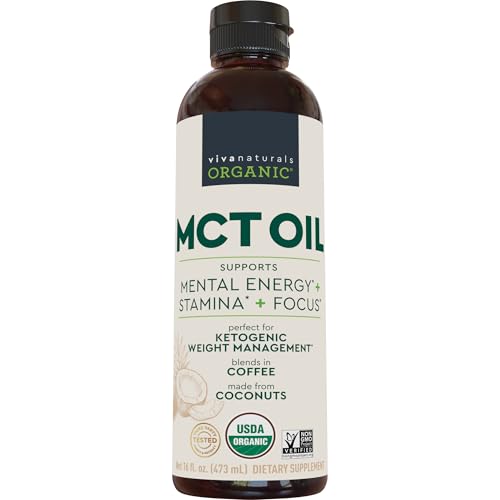 Viva Naturals Organic MCT Oil, 32 fl oz – MCT Oil for Coffee, USDA Organic, Non-GMO, Paleo Certified & Keto Friendly, Supports Energy & Mental Clarity