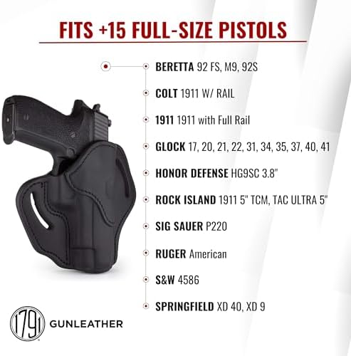 1791 Gunleather OWB Holster, Fits Sig P226, P220, P229, Beretta 92FS, VP9 | Right-handed leather gun holster also fits Beretta M9, Glock 17, 20, 21, 22, Springfield XD and 1911 with full rail