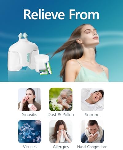 Sonmol Nasal Irrigation System with 50 Salt Packets for Congestion Relief | 2 Modes Sinus Rinse Machine, Self-Cleaning Nose Cleaner for Adult