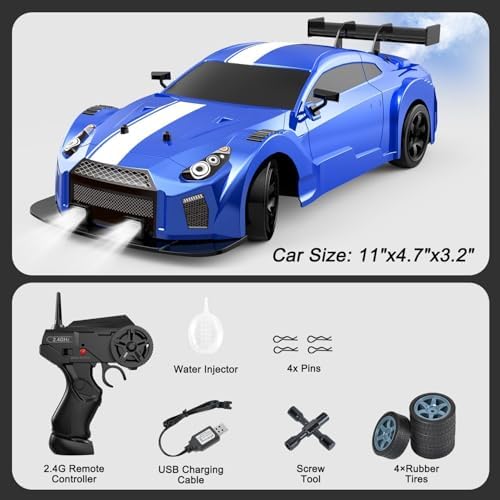 Dollox RC Drift Car 1/16 Scale Remote Control Car 2.4GHz 4WD High Speed 18+KM/H Race Car with LED Light and Spray, Extra Drifting Tires Racing Vehicle Toy Birthday Gifts for Adults Boys, 2 Batteries