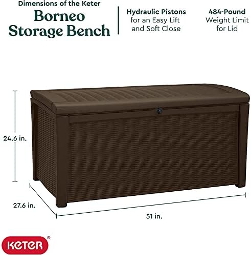 Keter Borneo 110 Gallon Resin Deck Box - Organization and Storage for Patio Furniture, Outdoor Cushions, Throw Pillows, Garden Tools and Pool Toys, Brown | for Patio, Backyard & Garden - Lockable, Organizing, and Waterproof Plastic Container Bench