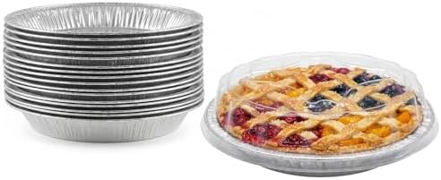 Durable Packaging 9" Aluminum Foil Pie Pan Plate Tin 1-5/16" Deep w/Clear Plastic Dome Lid Cover (Pack of 12)