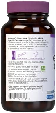 Bluebonnet Nutrition Glucosamine Chondroitin Plus MSM, Glucosamine, Chondroitin Sulfate, Vitamin C & OptiMSM, Bone & Joint Health, Non GMO, Gluten Free, Soy Free, Milk Free, 180 Vegetable Capsules | Bone & Joint Health; Non-GMO, Gluten-Free, Soy-Free, Da…