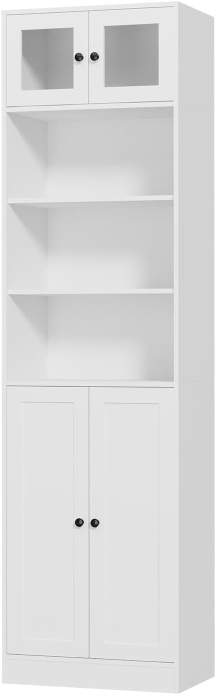 TUSY 85.5 Inch Tall Bookshelf with Doors - 7 Tier Bookcase with Glass Doors and Drawer, 23.6" Wide Storage Cabinet with Open Shelves for Living Room, White Book Shelf for Home Office, Study (AAAA)