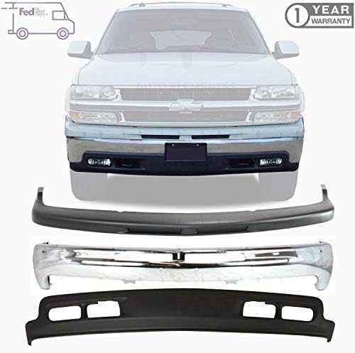 Front Bumper Chrome Steel + Upper Cover Primed + Lower Valance For 1999-2002 Chevy Silverado 1500/2000-2006 Chevrolet Tahoe Suburban 1500 Direct