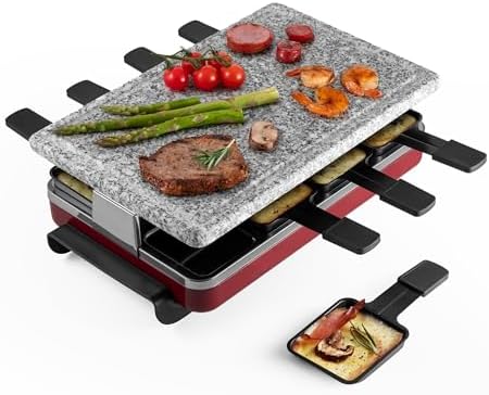 Swissmar Classic 8-Person Raclette Party Grill - Indoor Electric Grill & Griller with Granite Stone Grill Plate - Red
