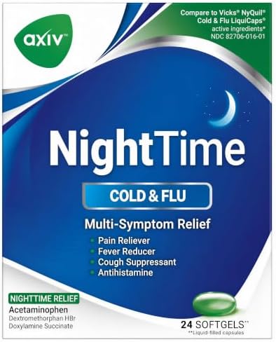 AXIV Nighttime Cold & Flu Relief Softgels, Multi-Symptom Nighttime Relief for Headache, Fever, Sore Throat, Minor Aches and Pains, Sneezing, Runny Nose, and Cough 24 Count