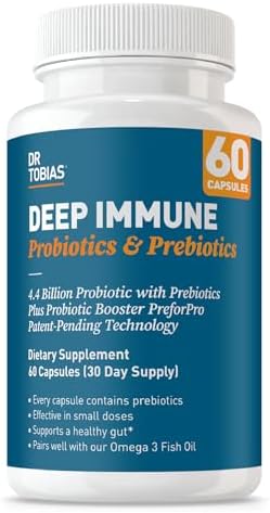 Dr. Tobias Deep Immune Probiotic + Prebiotic 60 Capsules | Gut Health | Dual Action Gut & Immune Support | DE111 Spore Forming Probiotics + PreforPro | Targeted Release | Shelf Stable | 30 Servings