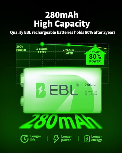 EBL 9V Rechargeable Batteries NiMH Everyday 280mAh 9V Battery for Smoke Alarm Detector, 4-Packs | NiMH 280mAh 9 Volt Battery for Smoke Alarm Detector