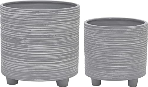 Set of 2 Footed Planters with Ridged Lines Accent – Ceramic Stoneware Outdoor & Indoor Plant Pot – Modern Garden & Home Decor Ceramic Planters