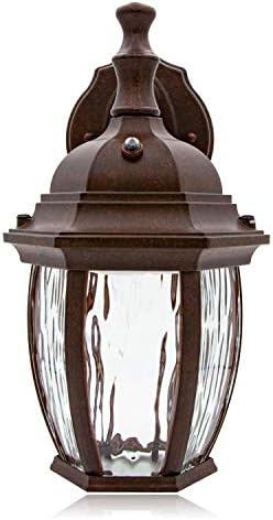 Maxxima LED Brown Outdoor Wall Light, 580 Lumens 3000K, Dusk to Dawn Sensor | Clear Water Glass, Warm White, Photocell Sensor, Exterior Patio or Porch Sconce Fixture
