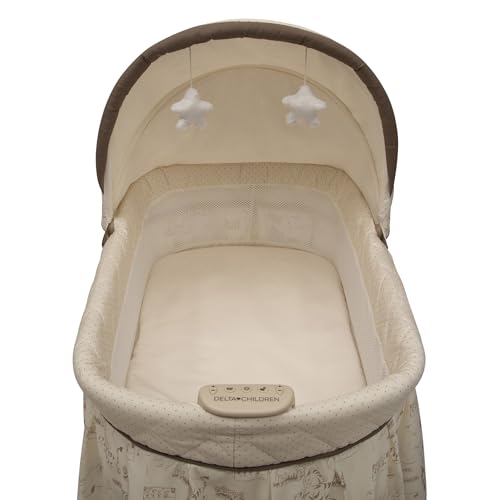 Delta Children Portable Rocking Bassinet for Newborns Bedside Sleeper Crib with Gentle Vibrations, Nightlight, Soothing Music, Adjustable Canopy