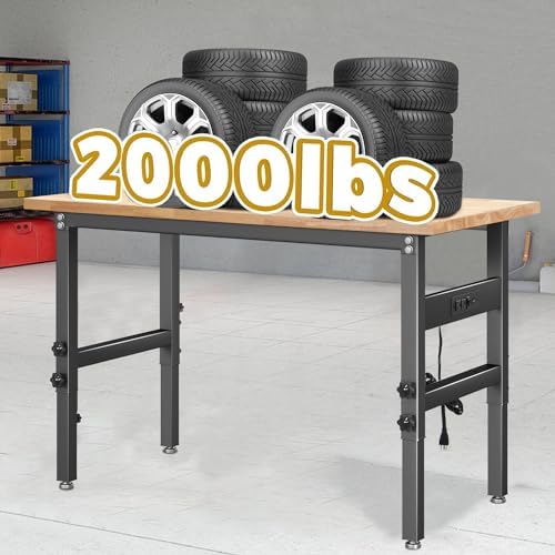 60in Adjustable Height Workbench Desk with Drawers,Power Outlets, Rubber Wood Top Heavy-Duty Work Table, 2000 LBS Load Capacity Work Station for Garage, Workshop, Office, Home