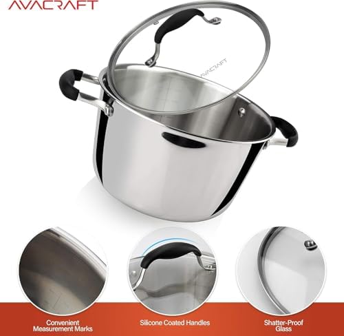 AVACRAFT 6 Quart Stainless Steel Stock Pot with Glass Strainer Lid | 5-Layer Capsule Base, Tempered Glass Strainer Lid, Drip-Free Pour Spouts, Induction Compatible, Dishwasher Safe