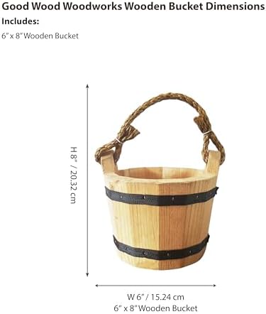 GOOD WOOD - Wooden Bucket 6" x 8" Water Wishing Well Pail with Rope Twine Handle Solid Wood Vintage Style Primitive Planter - Made in the USA
