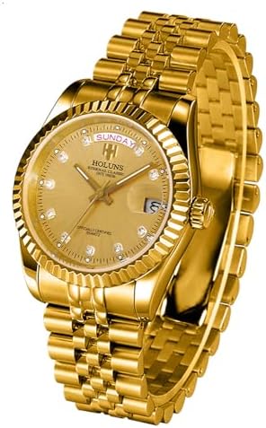 41MM Men's Gold Plated Stainless Steel Waterproof Quartz Watch Luxury Wristwatch with Date Week Display
