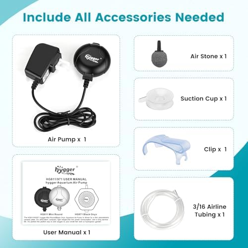 hygger Quiet Aquarium Air Pump 1.5 Watt Energy Saving Mini Oxygen Pump for 1-15 Gallon Fish Tank with Accessories White