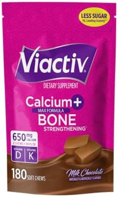 Viactiv Calcium + Vitamin D Supplement Soft Chews for Women & Men - Chewable Calcium for Bone Health Support, 650 mg per Serving, Vitamin D & K for High Absorption - 60 Count, Caramel